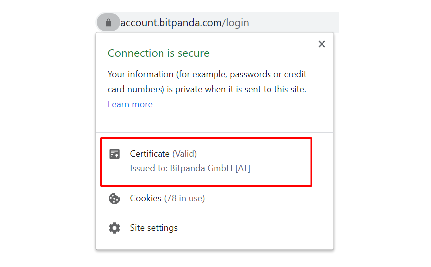 Details van het beveiligingscertificaat van Bitpanda